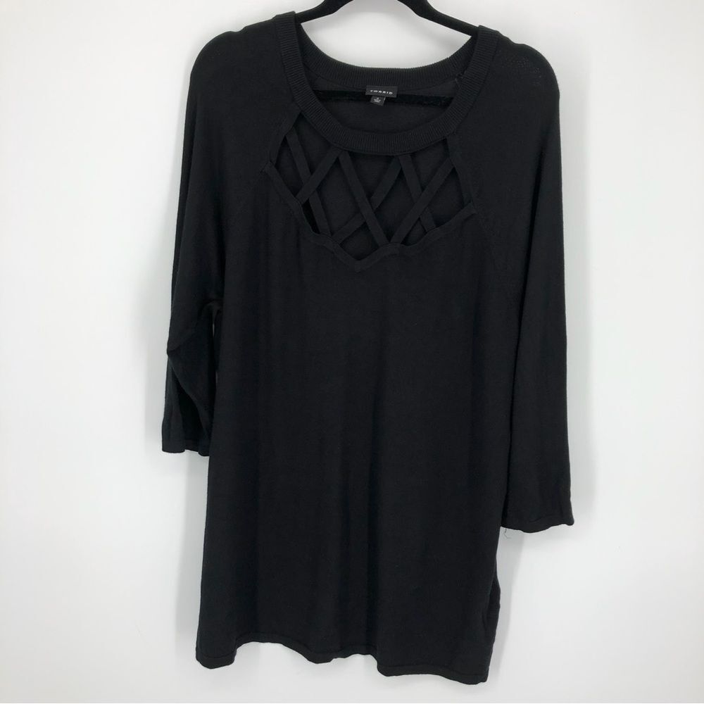 Torrid Strappy Sweater Top Womens 3X Black‎ 3/4 Sleeve Lattice Stretchy
